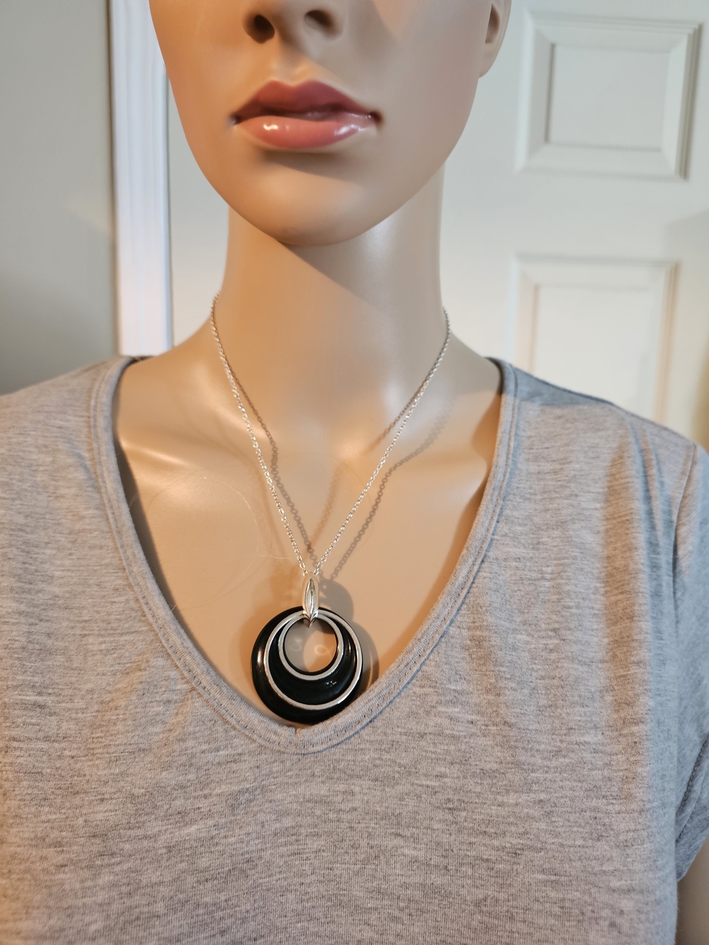 Elegant Black Circle Pendant Necklace with Silver Chain